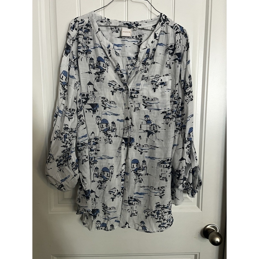 Zac & Rachel White Travel Blue Roll Tab Rayon Blend Lightweight Blouse Top 703